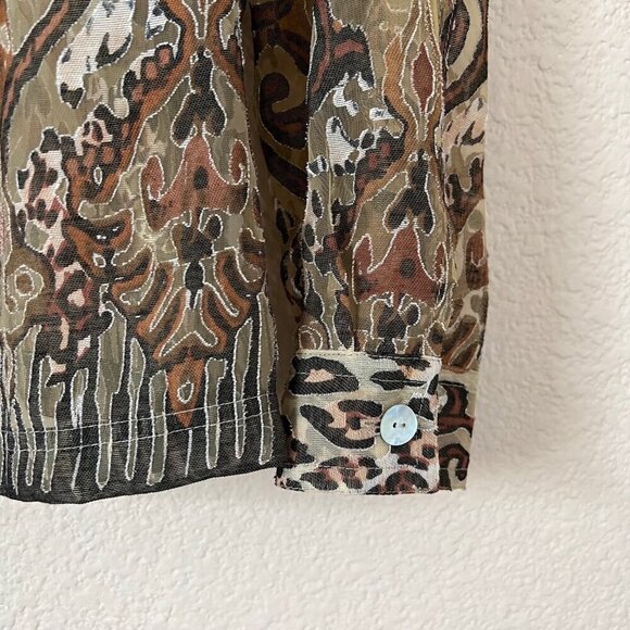 Linen Blend Sheer Brown Safari Cheetah Print Office Career Button down Women 18W - Picture 6 of 10